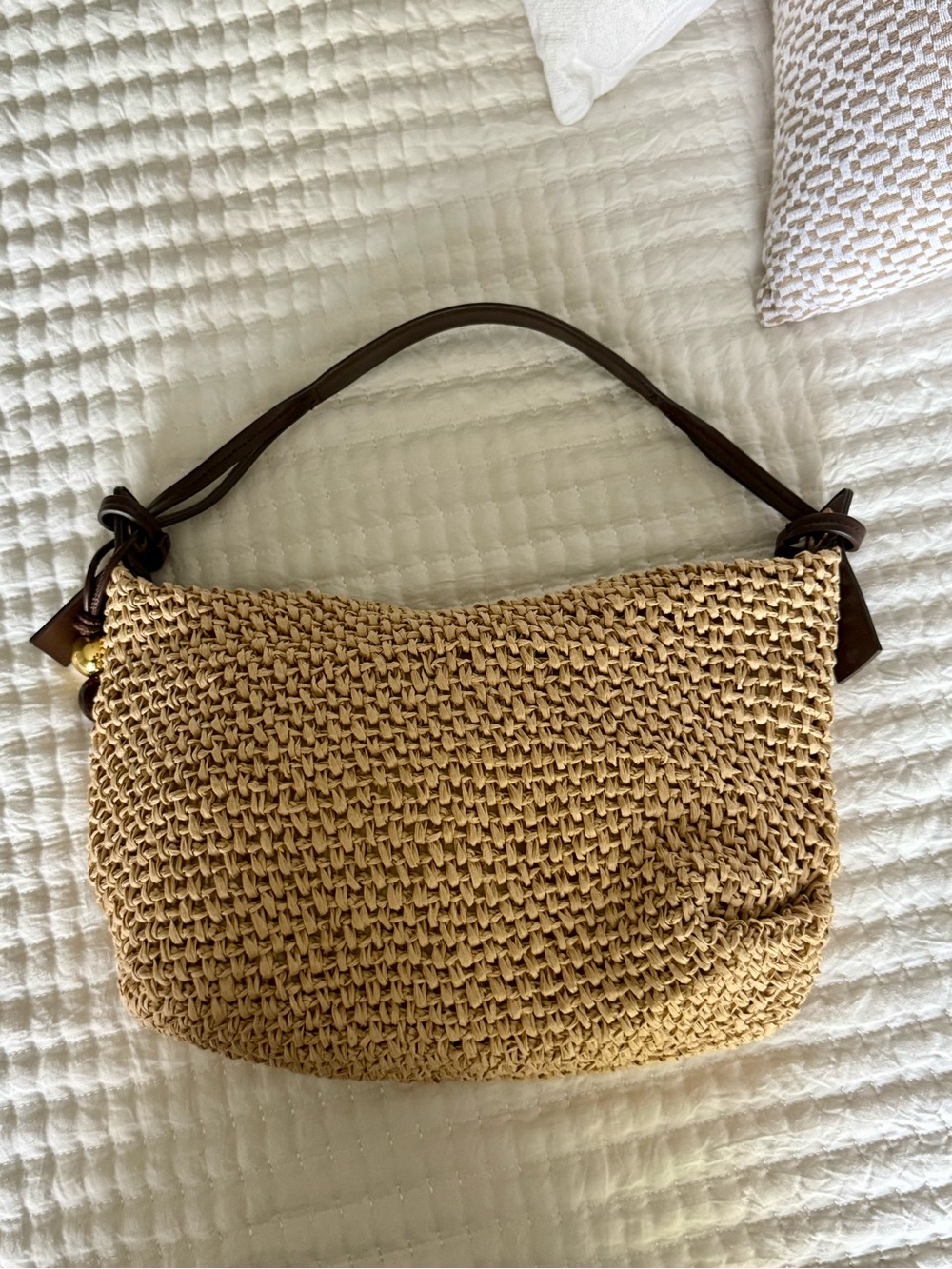 Zara Woven Straw Shoulder Bag with Brown Leather Strap